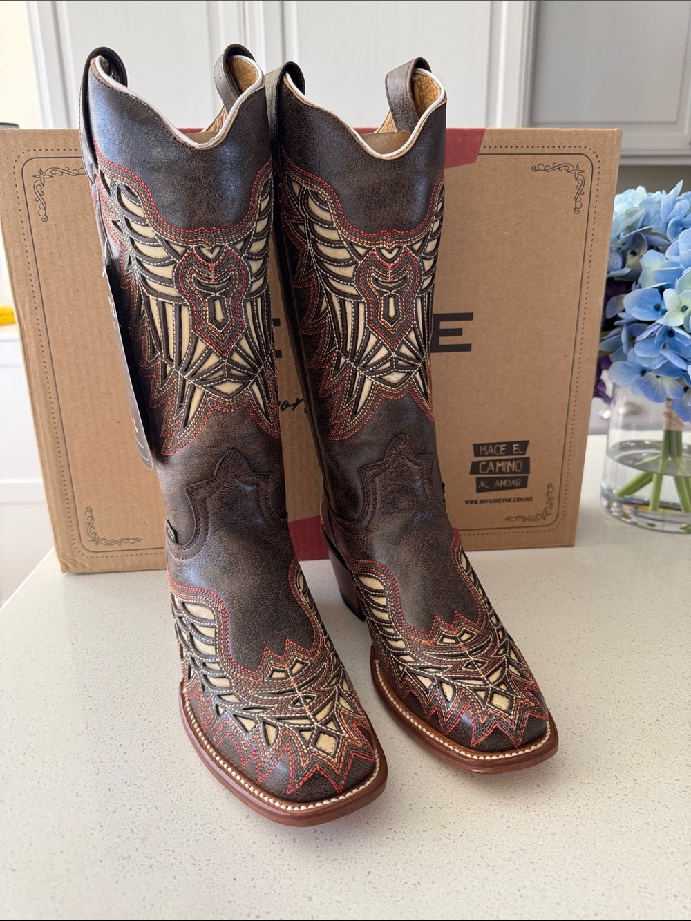 Reyme Brown Embroidered Western Cowboy Boots - Intricate Stitching